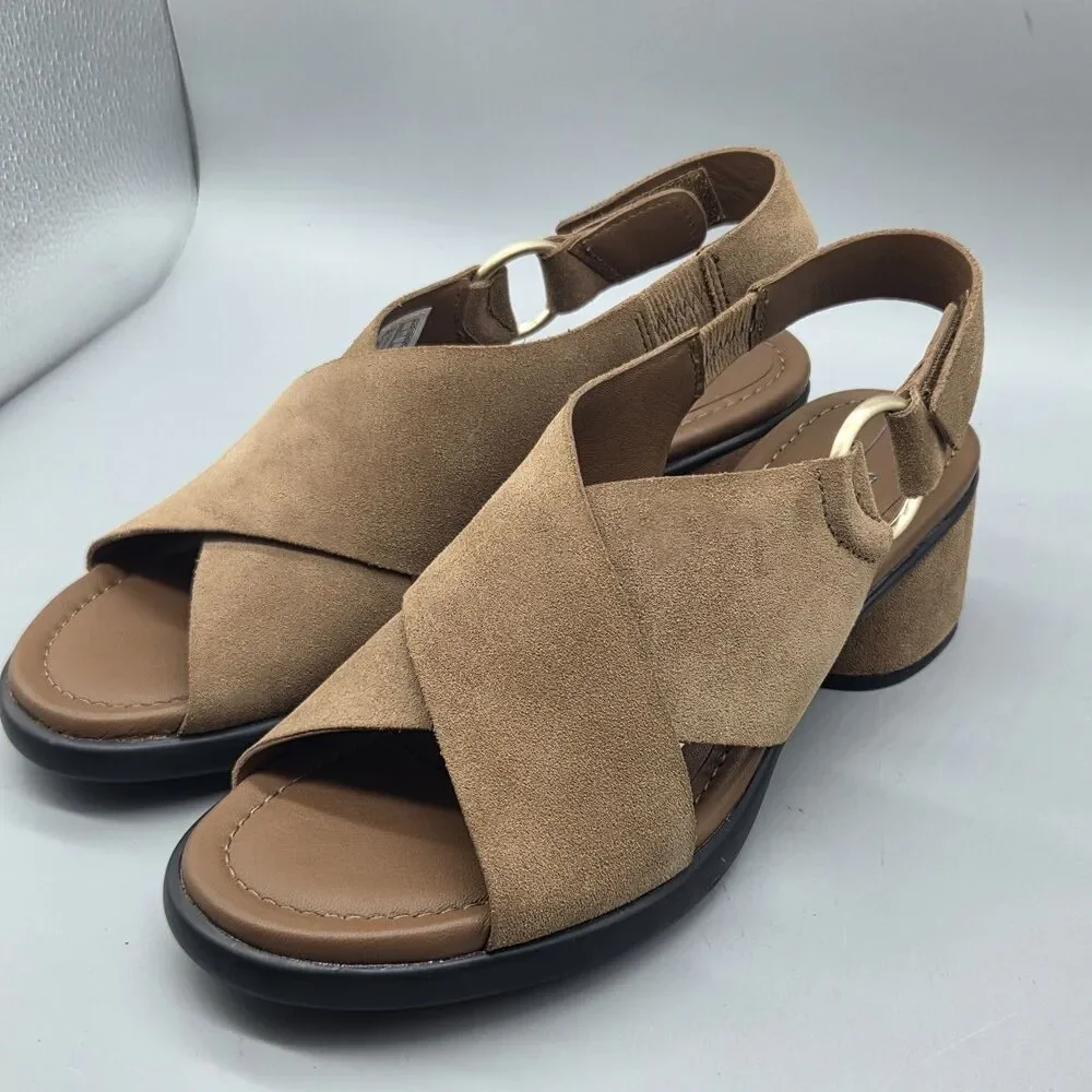 Ecco cross strap slingback sandals Tan Suede Shaped Heel Women EU 39 US 8.5 New